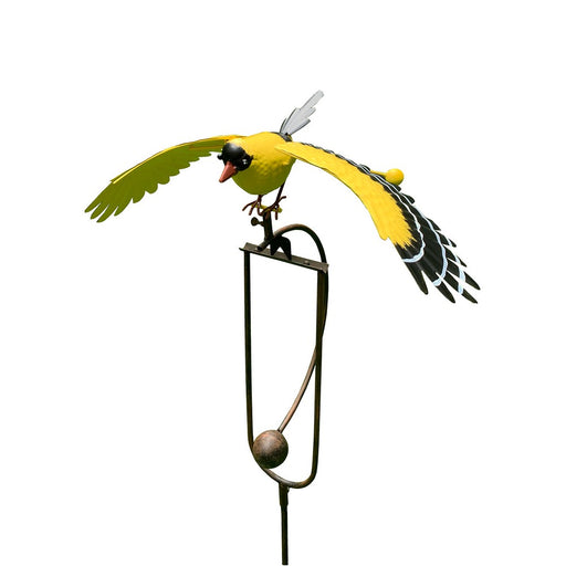 Decorative garden stake with a yellow bird design on a white background