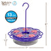 Purple hummingbird feeder with floral design and measurement details on a white background
