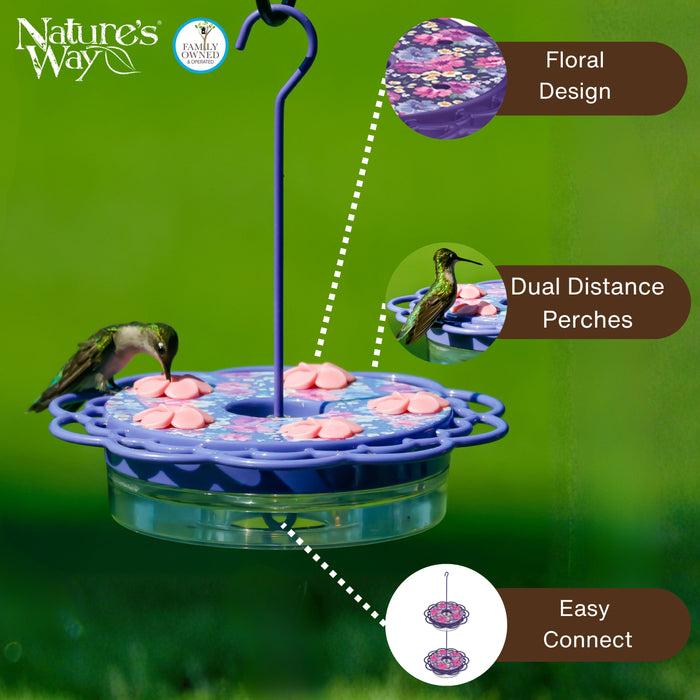 Hummingbird feeder with features highlighted on a green background