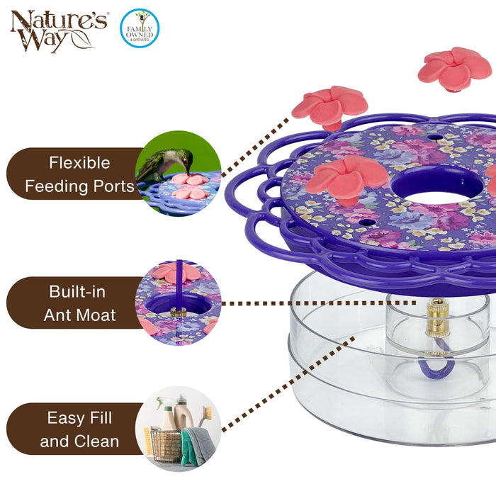Floral-patterned ant farm with features highlighted on a white background