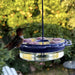 Hummingbird perched on a hanging bird feeder with greenery in the background