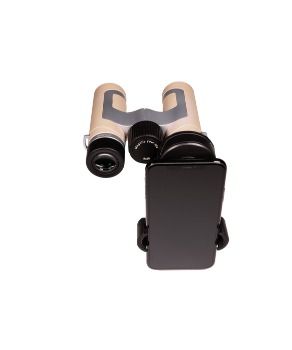 Binoculars with a smartphone holder on a white background
