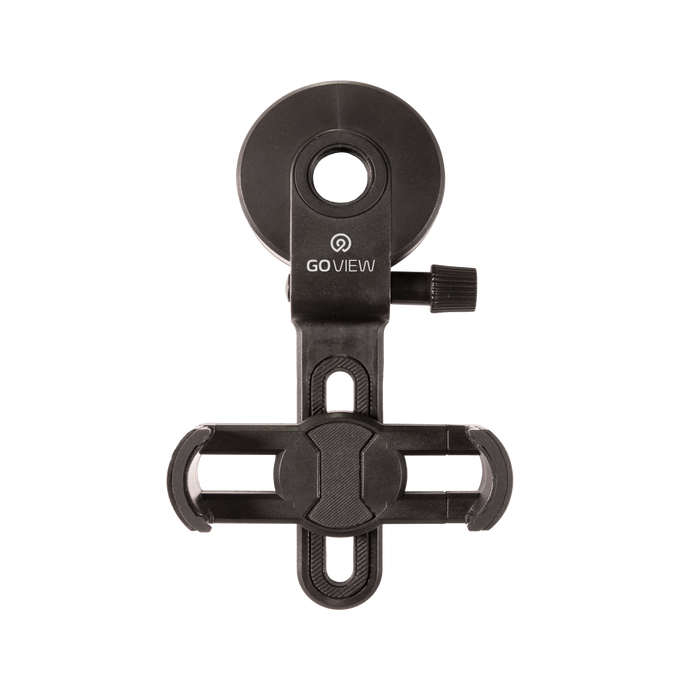Black camera lens hood with 'GO VIEW' branding on a white background
