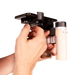Hand holding a camera stabilizer with a white background