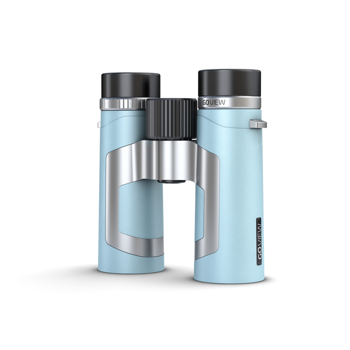 Pair of blue binoculars with black and silver accents on a white background