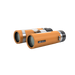 Orange binoculars with silver accents on a white background