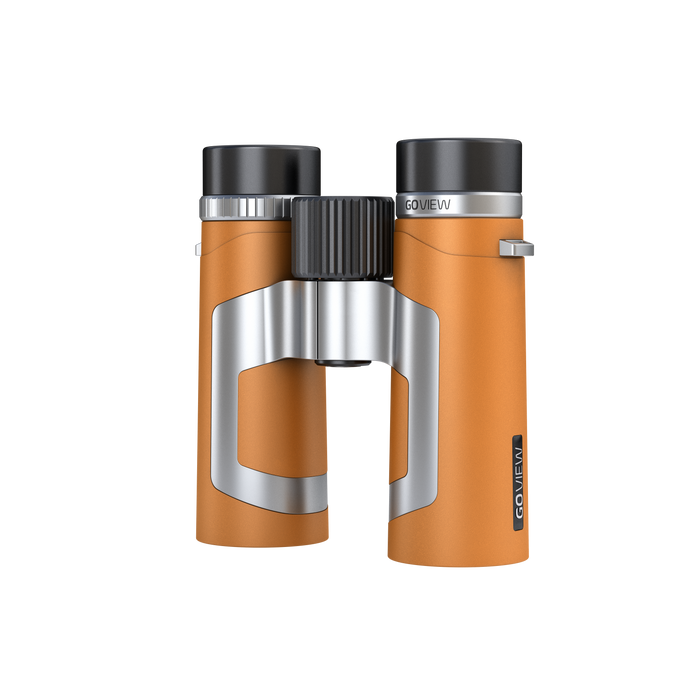 Orange binoculars with silver and black accents on a white background
