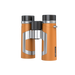 Orange binoculars with silver and black accents on a white background