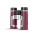 Red binoculars with silver and black accents on a white background