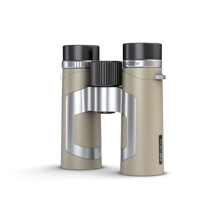Binoculars with a beige and silver design on a white background