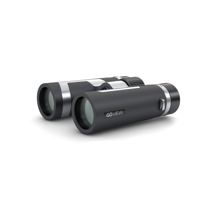 Black binoculars with silver accents on a white background