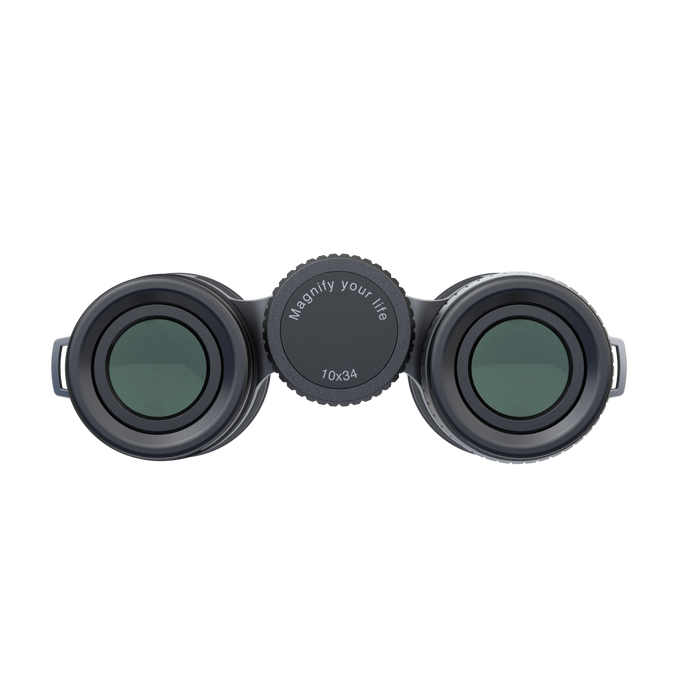 Pair of black binoculars with a focus on magnification on a white background