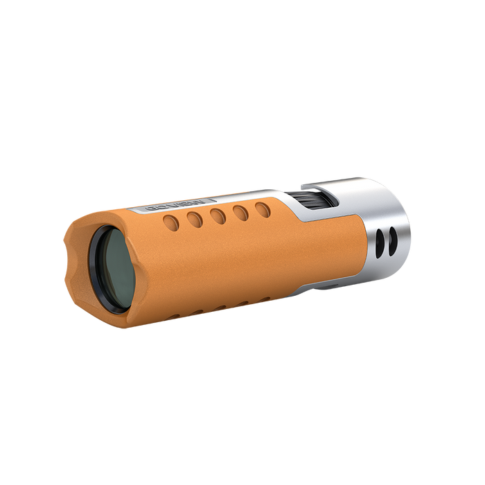 Orange and silver cylindrical device on a white background