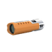 Orange and silver cylindrical device on a white background