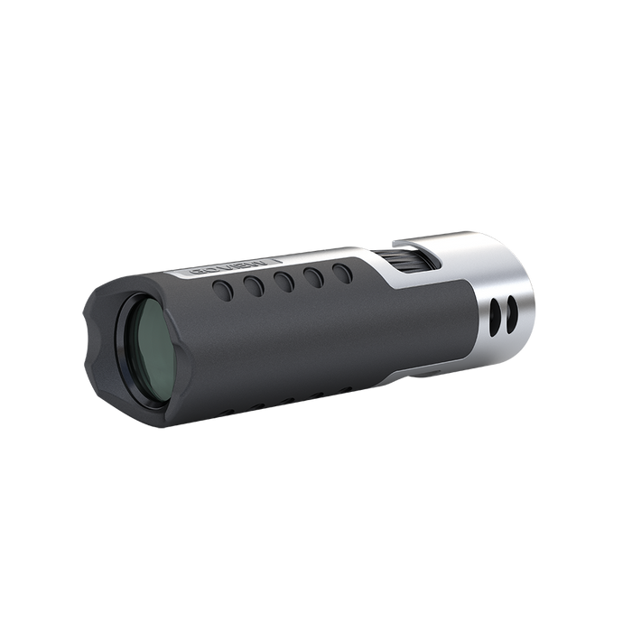 Black and silver cylindrical object on a white background