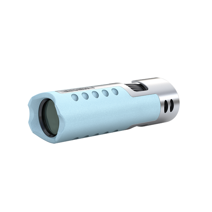 Light blue cylindrical object with holes on a white background