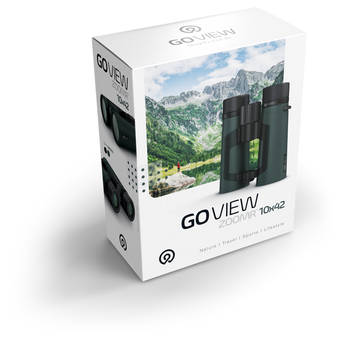 GO VIEW binoculars packaging with scenic image on a white background