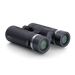 Black binoculars with green lenses on a white background
