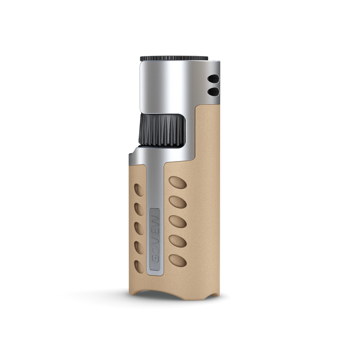 Cigar lighter with beige body and silver top on a white background