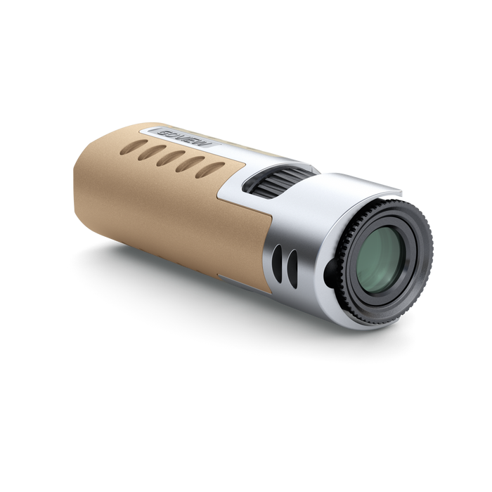 Brown and silver cylindrical device on a white background