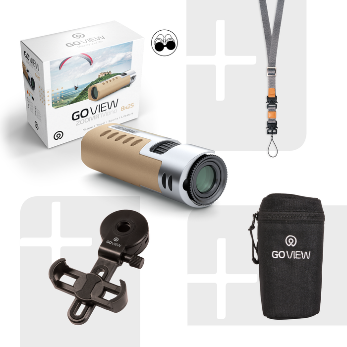 GO VIEW monocular with packaging, lanyard, and carrying case on a white background