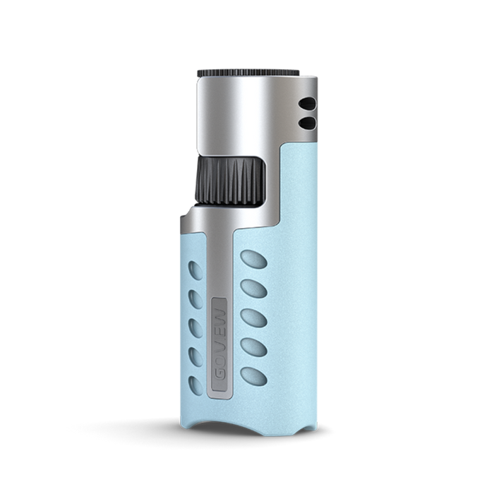 Light blue lighter with silver top on a white background