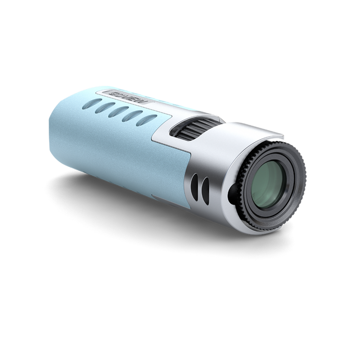Blue and silver cylindrical device on a white background