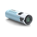Blue and silver cylindrical device on a white background