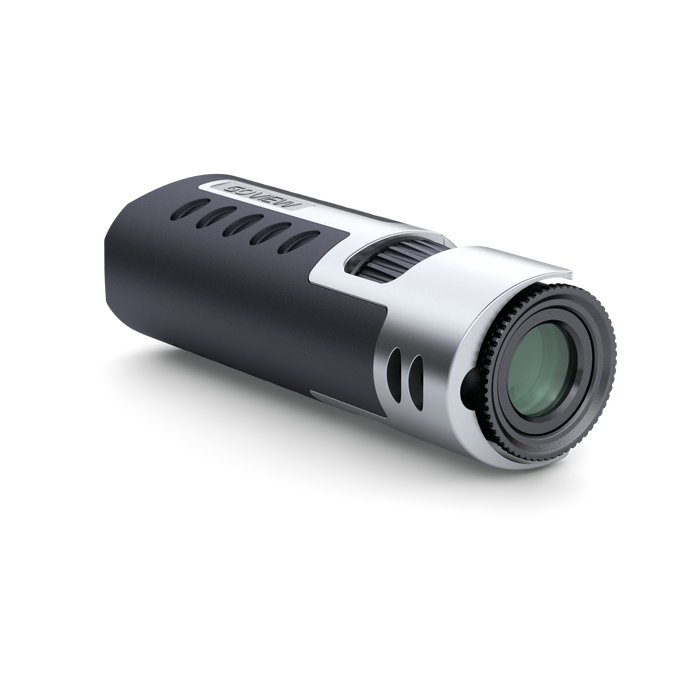 Black and silver camera lens on a white background
