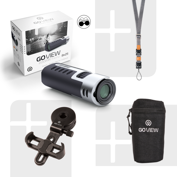GO VIEW camera with accessories including a box, lanyard, mount, and carrying case on a white background.