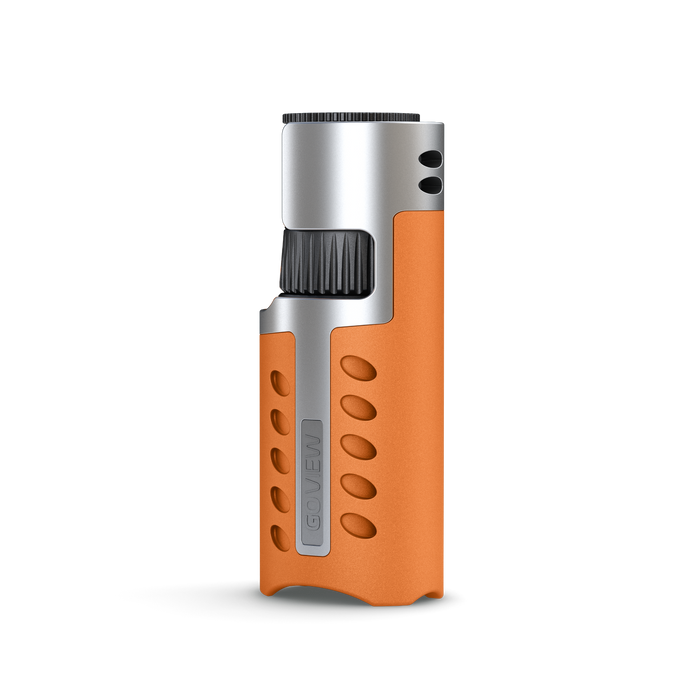 Butane lighter with orange body and silver top on a white background