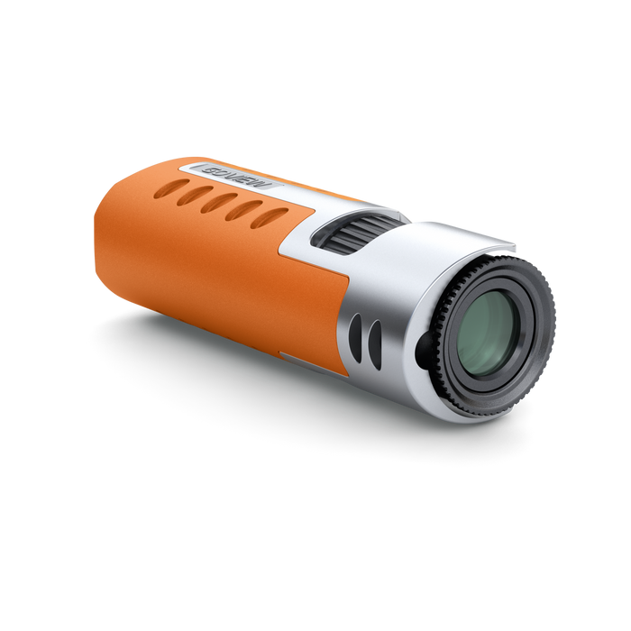 Orange and white cylindrical device with a lens on a white background