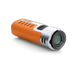 Orange and white cylindrical device with a lens on a white background