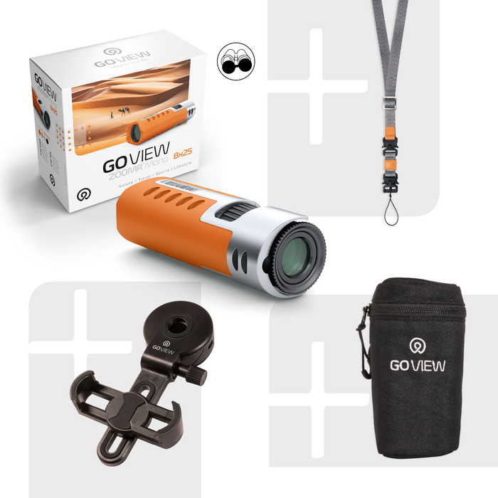 GO VIEW monocular with packaging, lanyard, clip, and carrying case on a white background