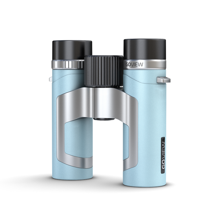 Blue binoculars with black and silver accents on a white background