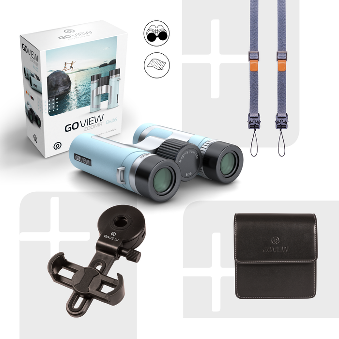 Collection of GoView binoculars with accessories on a white background