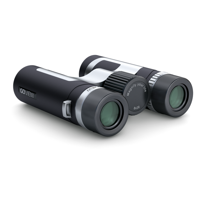 Black binoculars with silver accents on a white background