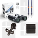 Binoculars with accessories including a case, strap, and clip on a white background