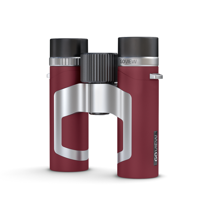 Red and silver binoculars with 'GO VIEW' branding on a white background