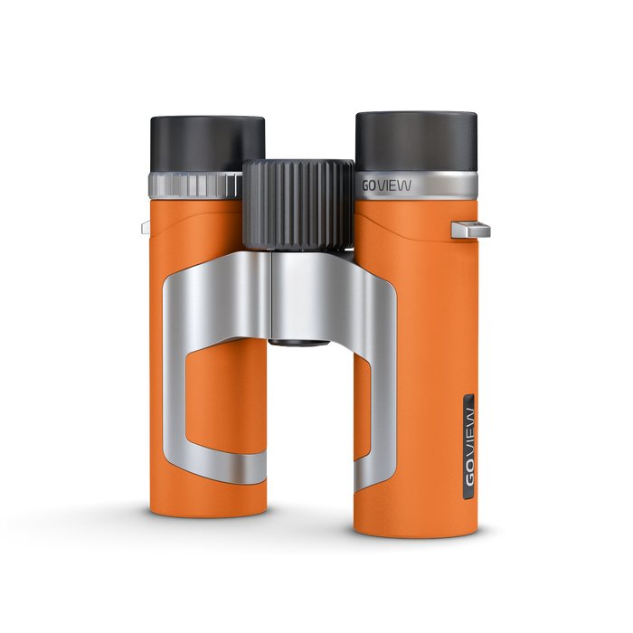 Orange binoculars with silver and black accents on a white background