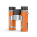 Orange binoculars with silver and black accents on a white background