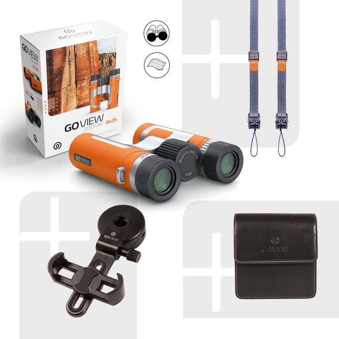 Binoculars with accessories including a case, strap, and clip on a white background