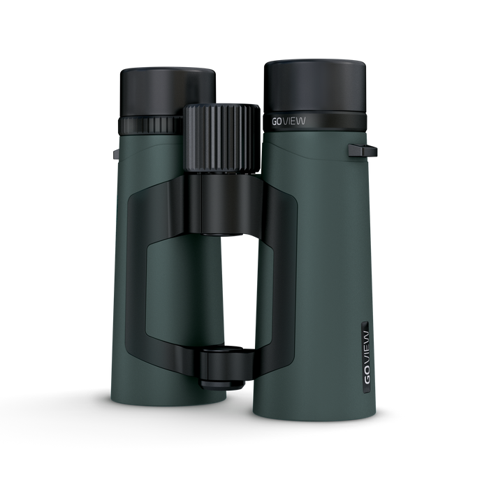 Green binoculars with black accents on a white background