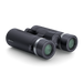 Black binoculars with green lenses on a white background