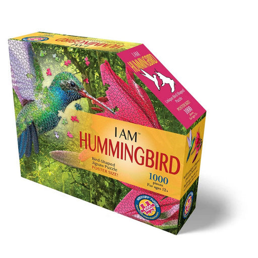 Jigsaw puzzle box featuring a hummingbird design on a white background