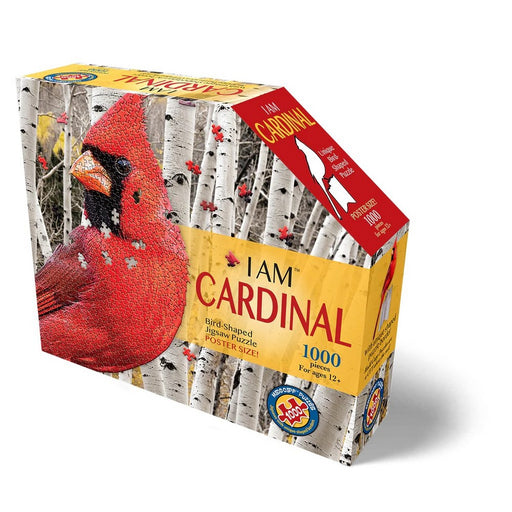 Cardinal-themed puzzle box with bird illustration on a white background