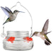 Glass hummingbird feeder with red flowers and two flying hummingbirds on a white background