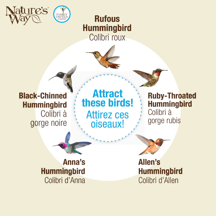 Nature's Way advertisement with illustrations of hummingbirds and text.