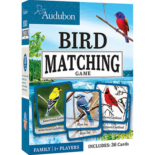 Audubon Bird Matching Game packaging with bird illustrations on a blue background