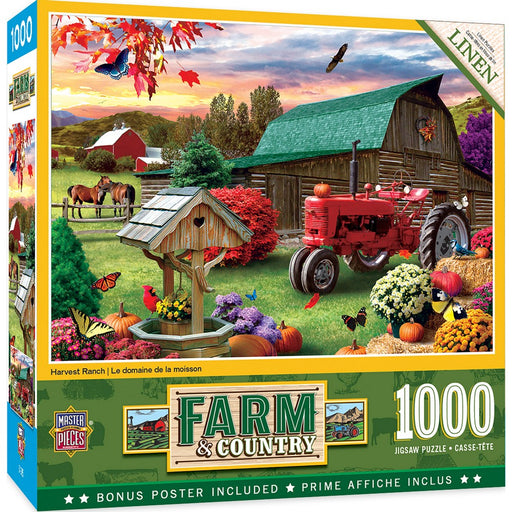 Farm and country-themed puzzle box with a red tractor, barn, and autumn scenery.